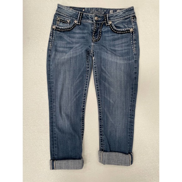 Miss Me Easy Capri Crop Jeans Sz 28 Bling Flap Pocket Crystal Embellished - Picture 1 of 3